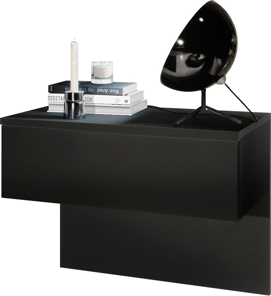 Vladon Nachttisch Sleep, Germany, Nachttischschrank mit Schublade zur Wandmontage, Schwarz matt/Schwarz matt (60 x 46 x 35 cm)