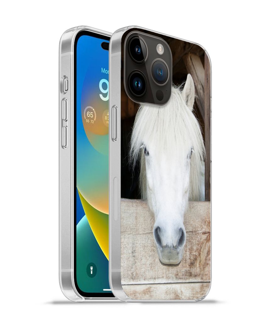 MuchoWow Handyhülle Schutzhülle Hülle für Apple iPhone 14 Pro Max Pferde - Pferdestall - Regale Silikon Softcase Handy Hülle - Hardcover