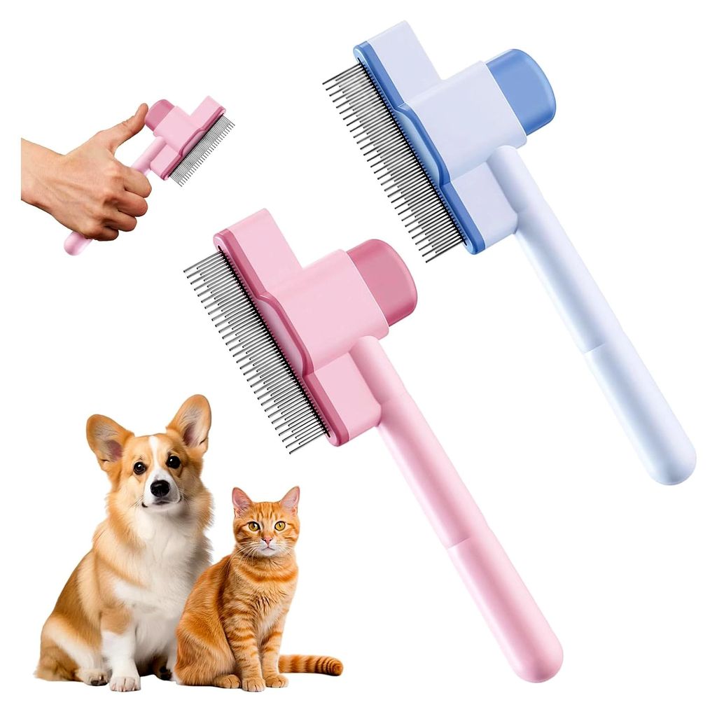 2 Stück Katzenbürste, Flohkamm für Hunde und Katzen, Haustierkämme mit Entriegelungsknopf, selbstreinigender Flohkamm zum Entfernen von Haaren ...