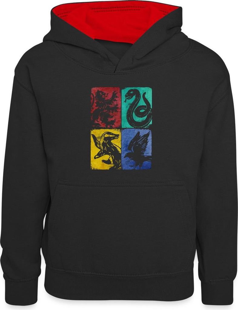 Spreadshirt Harry Potter Häuser Wappen Kachel-Mix Kinder Kontrast-Hoodie, XS (3/4 years), Schwarz/Rot