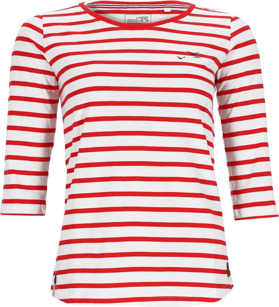 modAS Damen Bretonisches Shirt mit 3/4-Arm und Rundhals - Shirt mit Streifen aus Baumwolle in Weiß-Rot Größe 40