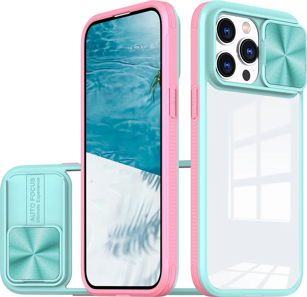 Custodia per iPhone 15 Pro Max Custodia ibrida trasparente in TPU con copertura scorrevole della fotocamera Azzurro
