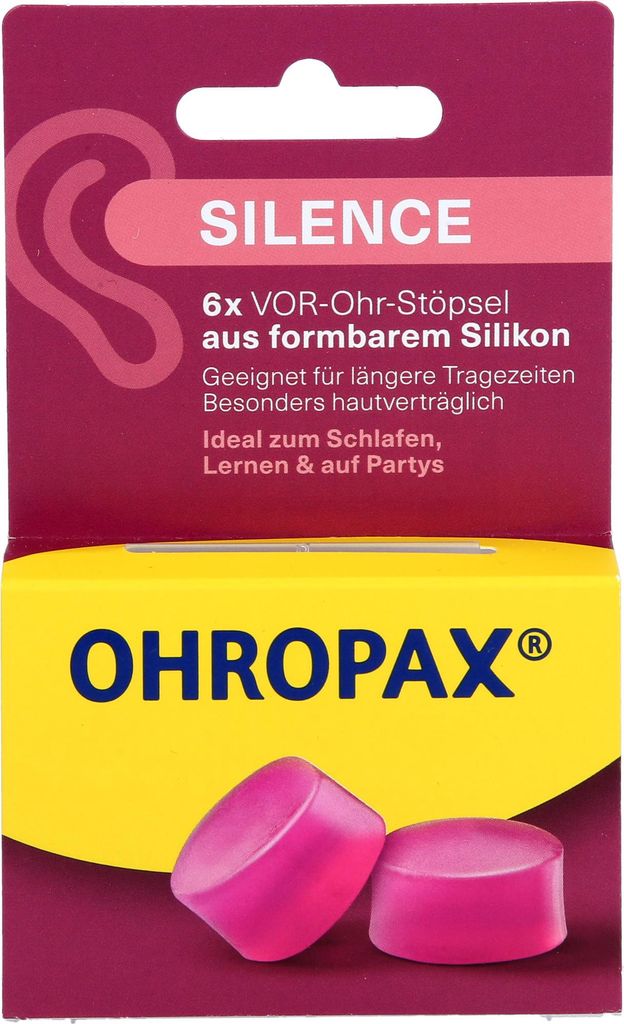 The image shows the retail packaging of Ohropax Silence earplugs.