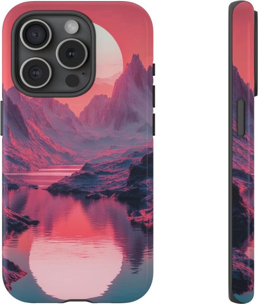 Pinkfarbener Sonnenuntergang über Gebirgsfluss – Hülle Kompatibel mit iPhone 15 Pro