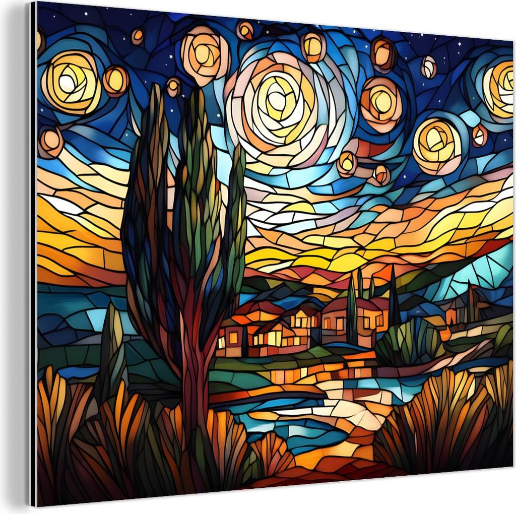 MuchoWow Wanddekoration Metall Metallbild Wandkunst 40x30 cm Himmel - Sterne - Mosaik - Häuser MuchoWow Aluminium Gemälde - Dekoration Wohnzimmer