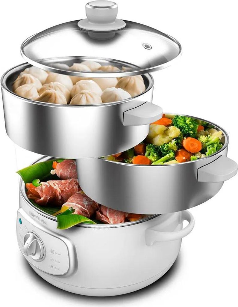 A three-tiered electric steamer filled with food.