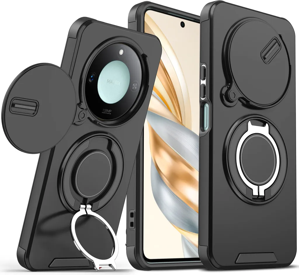 Custodia a doppio strato per Honor X9C Smart, con copertura scorrevole della fotocamera e supporto ad anello magnetico Nero