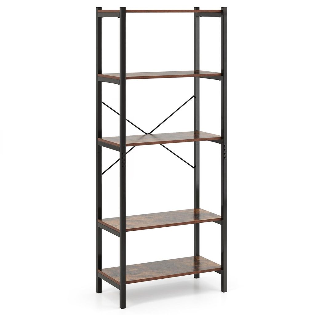 GOPLUS Bücherregal mit 5 Ebenen, Standregal mit Metallrahmen, freistehendes Regal mit offenen Ablagen, Aufbewahrungsregal Leiterregal Regal, braun