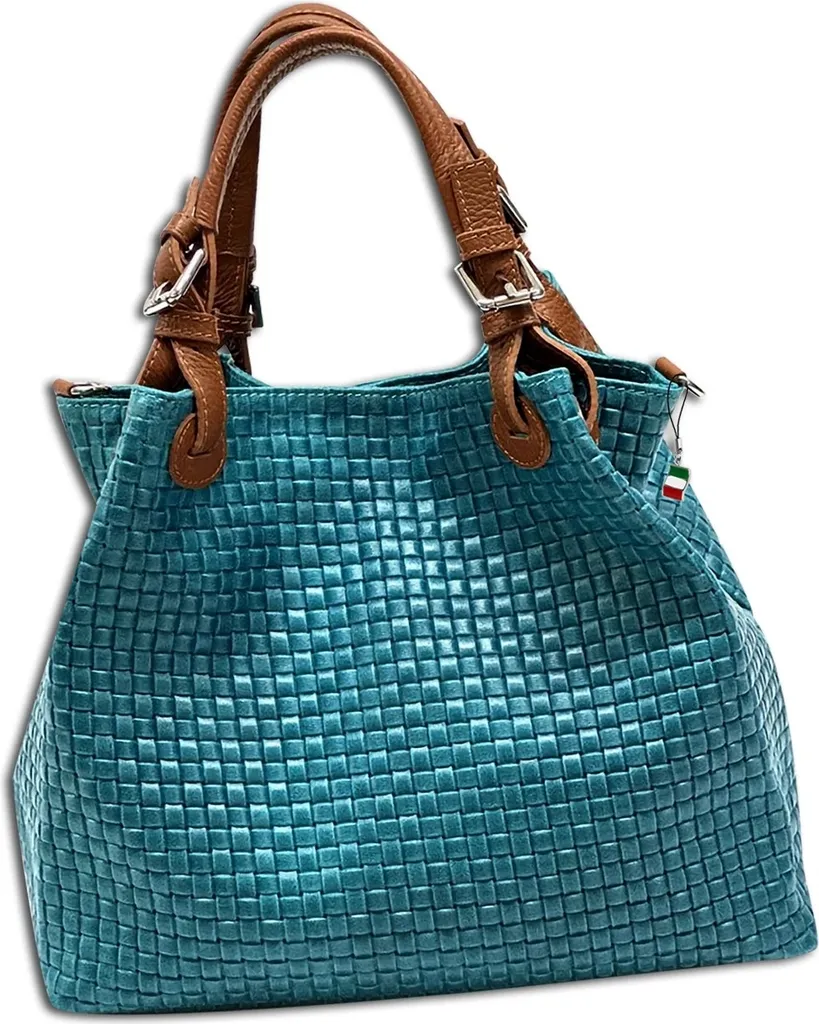 Sac en cuir gaufré tressé bicolore turquoise Florence Modèle OTF164T