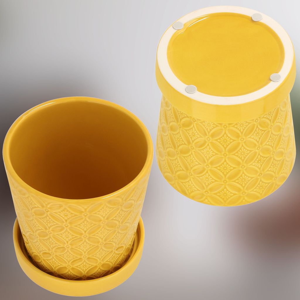 2 Pots De Fleurs Avec Soucoupe KOTARBAU – Céramique Émaillée Jaune Moutarde, Diamètre 13 Cm