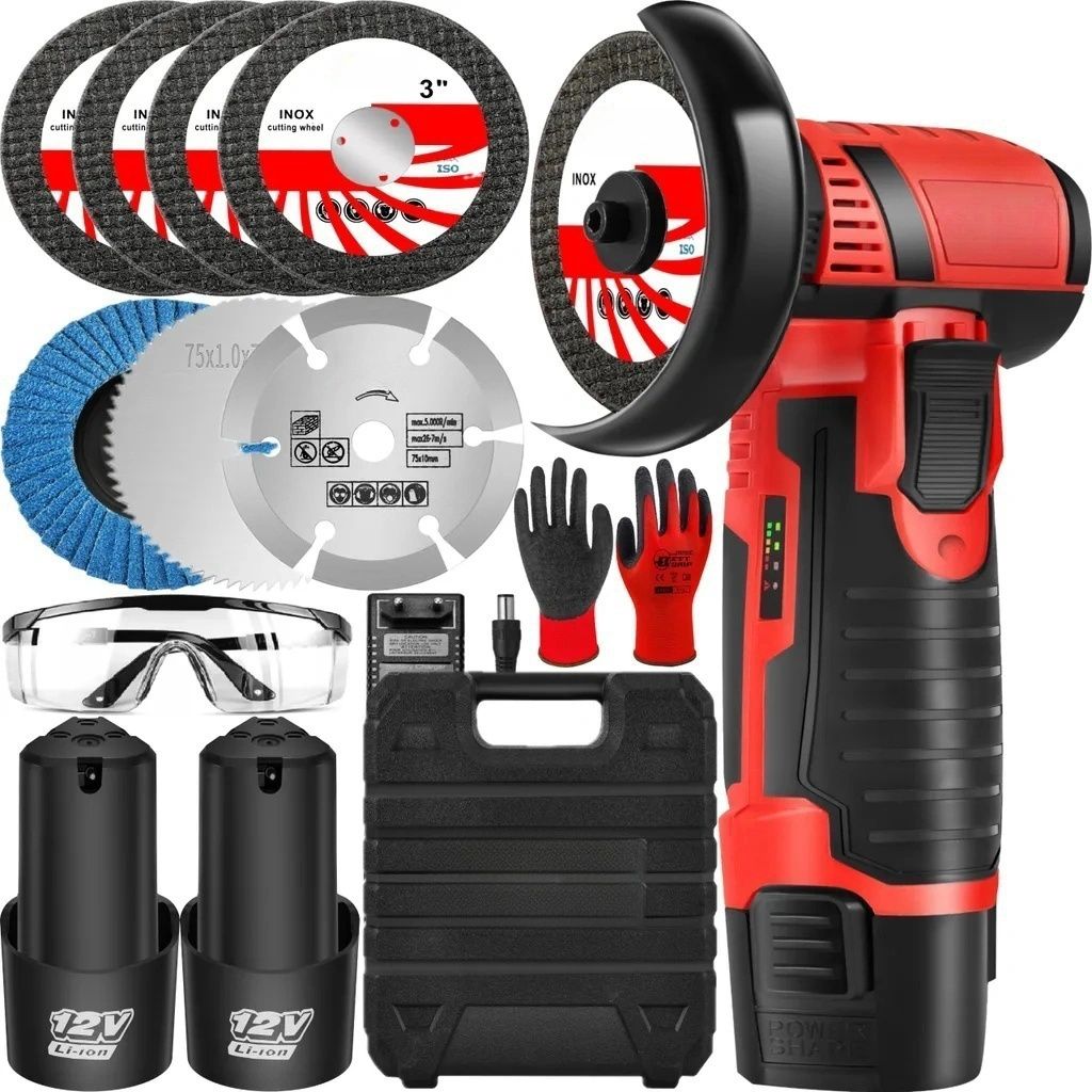 Mini Winkelschleifer, 12V Akku-Winkelschleifer mit 2 × 1500Mah Batterien, 4 Trennscheiben, 2 Metallschneidräder, 1 Schleifscheibe, 1 Ladegerät