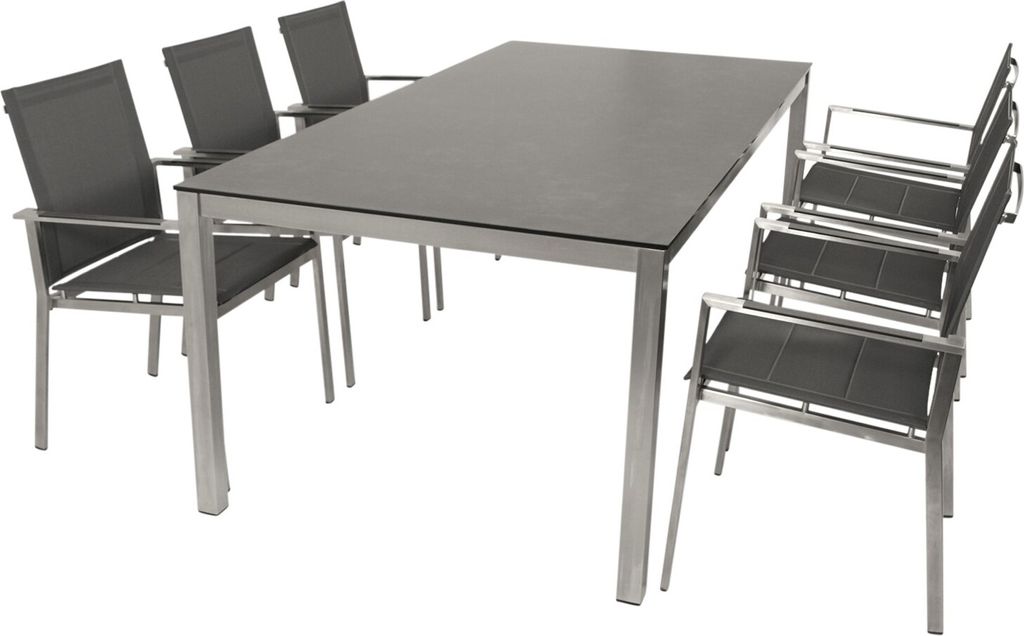 DEGAMO Garnitur SYDNEY 7-teilig Edelstahl gebürstet (6x Sessel, 1x Tisch 200cm)