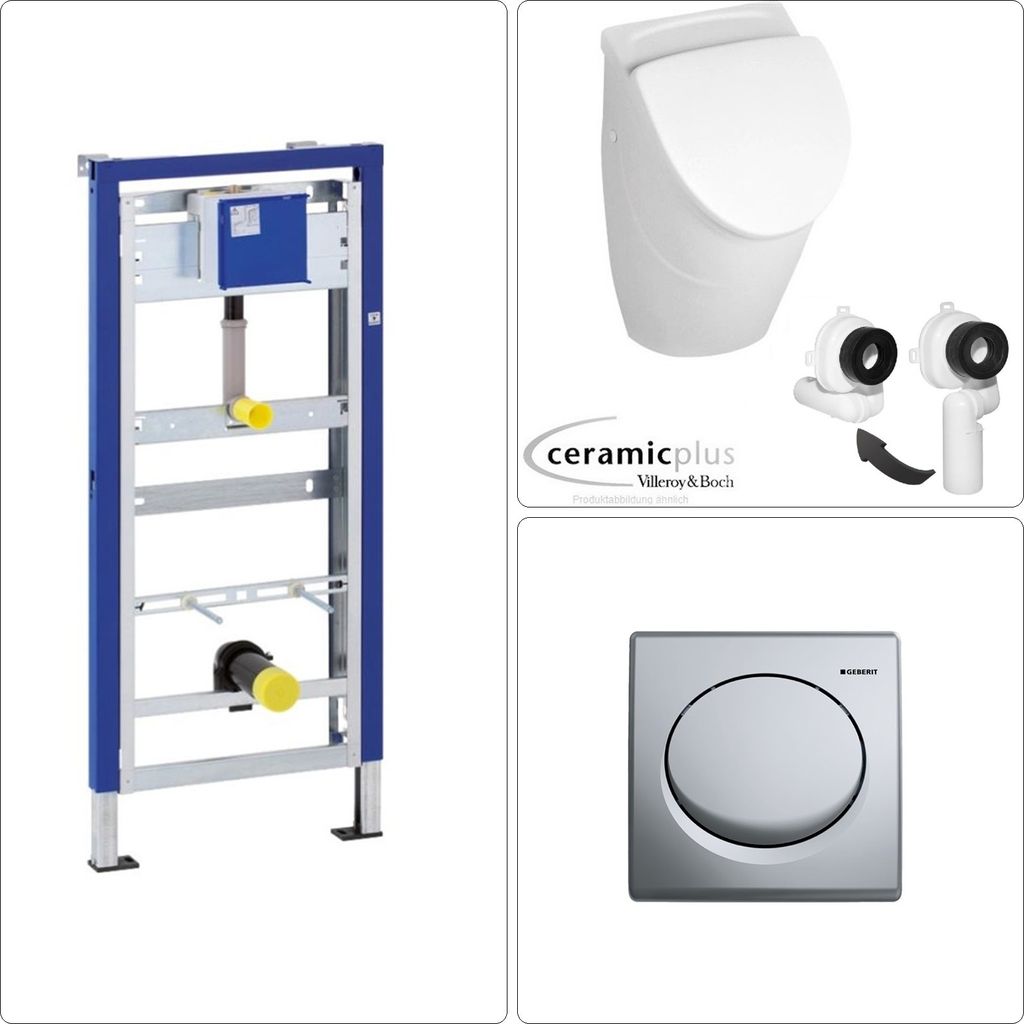 VILLEROY & BOCH O.NOVO Keramik Absaug Urinal mit CeramicPlus Beschichtung + Deckel, GEBERIT Vorwandgestell & Betätigungsplatte, chrom
