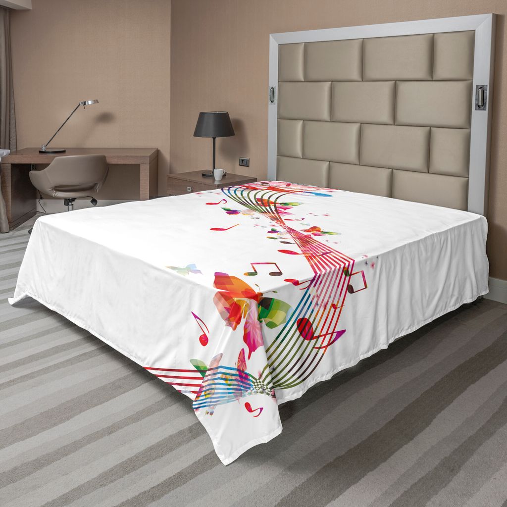 ABAKUHAUS Musik Bettlaken, Bunte Artwork Mit Noten Und Schmetterlinge Frühling Inspiriert Party Thema, weiches bequemes oberes Bettlaken für ein ...