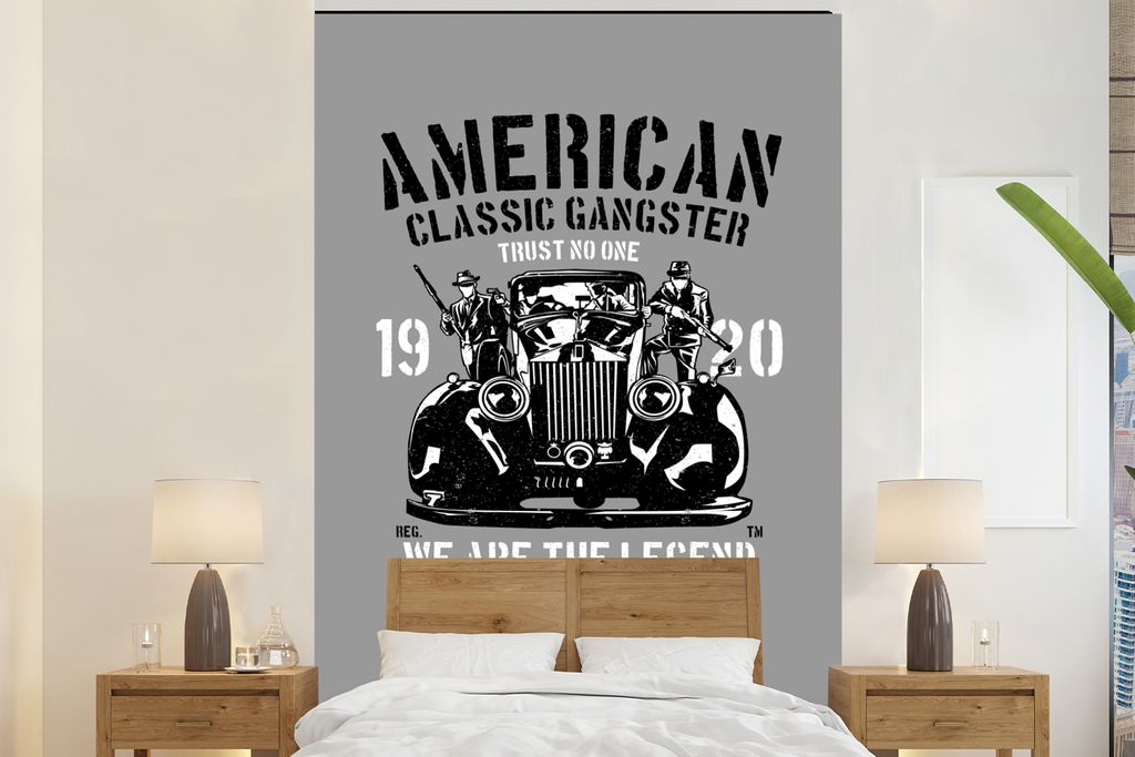 MuchoWow Fototapete für Wohnzimmer oder Schlafzimmer Wandtapete Vinyl Motivtapete Mancave - Auto - Waffen - Vintage - 180x280 cm - Wallpaper