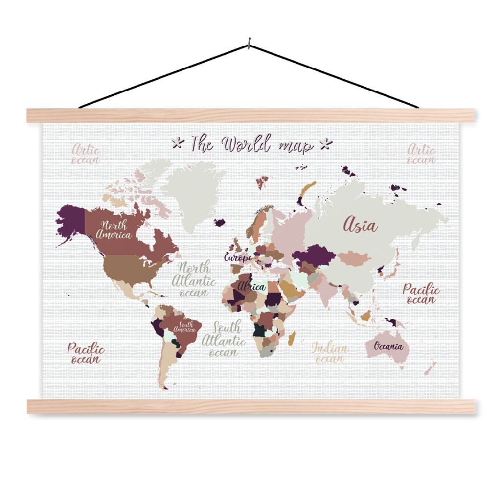 MuchoWow Textilposter Weltkarte - Braun - Einfach 120x80 cm mit holzfarbenen Rahmen - Aufhängeset