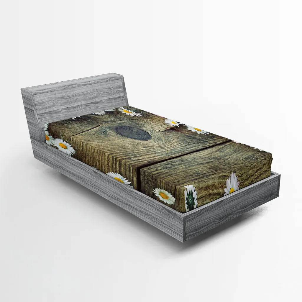 Drap-housse décoratif marguerites en fleurs et bois naturel 180x200 cm