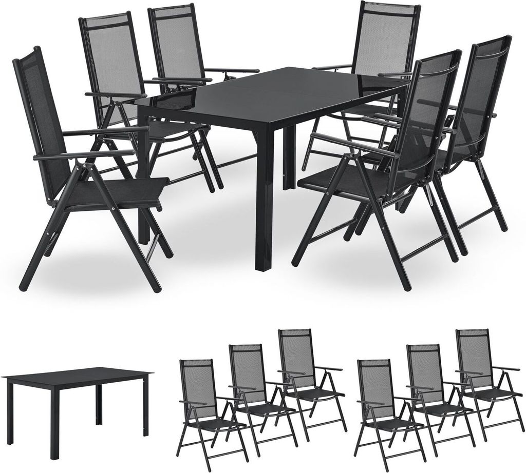 A dark gray aluminum garden furniture set with a table and six chairs, displayed on a white background.