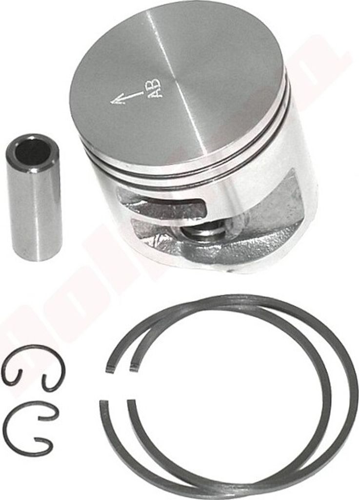 A set of engine parts, including a piston, wrist pin, and piston rings, laid out on a white background.