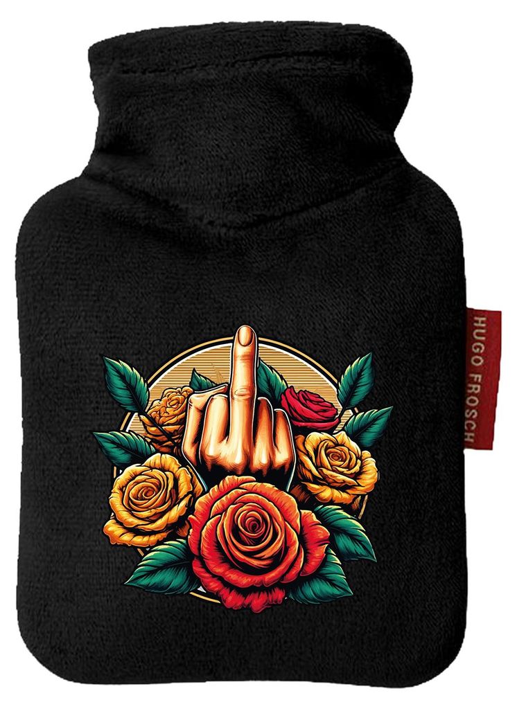 Huuraa Mini-Wärmflasche Mittelfinger Rosen 0,2 Liter Black Mini Veloursbezug Taschenwärmer Geschenkidee