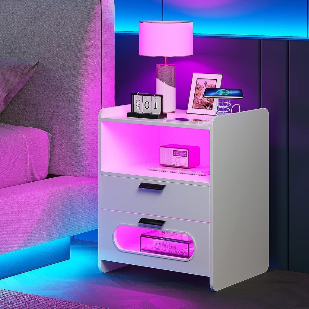 Nachttisch mit Ladestation,LED RGB Nachttisch Weiß Produktbild 