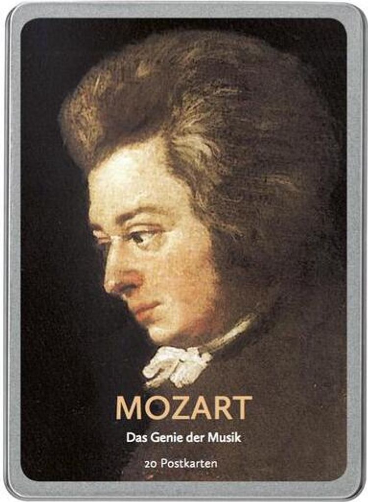 Mozart: Das Genie der Musik, 20 Postkarten gedruckt auf Apfelpapier in einer hochwertigen Dose.