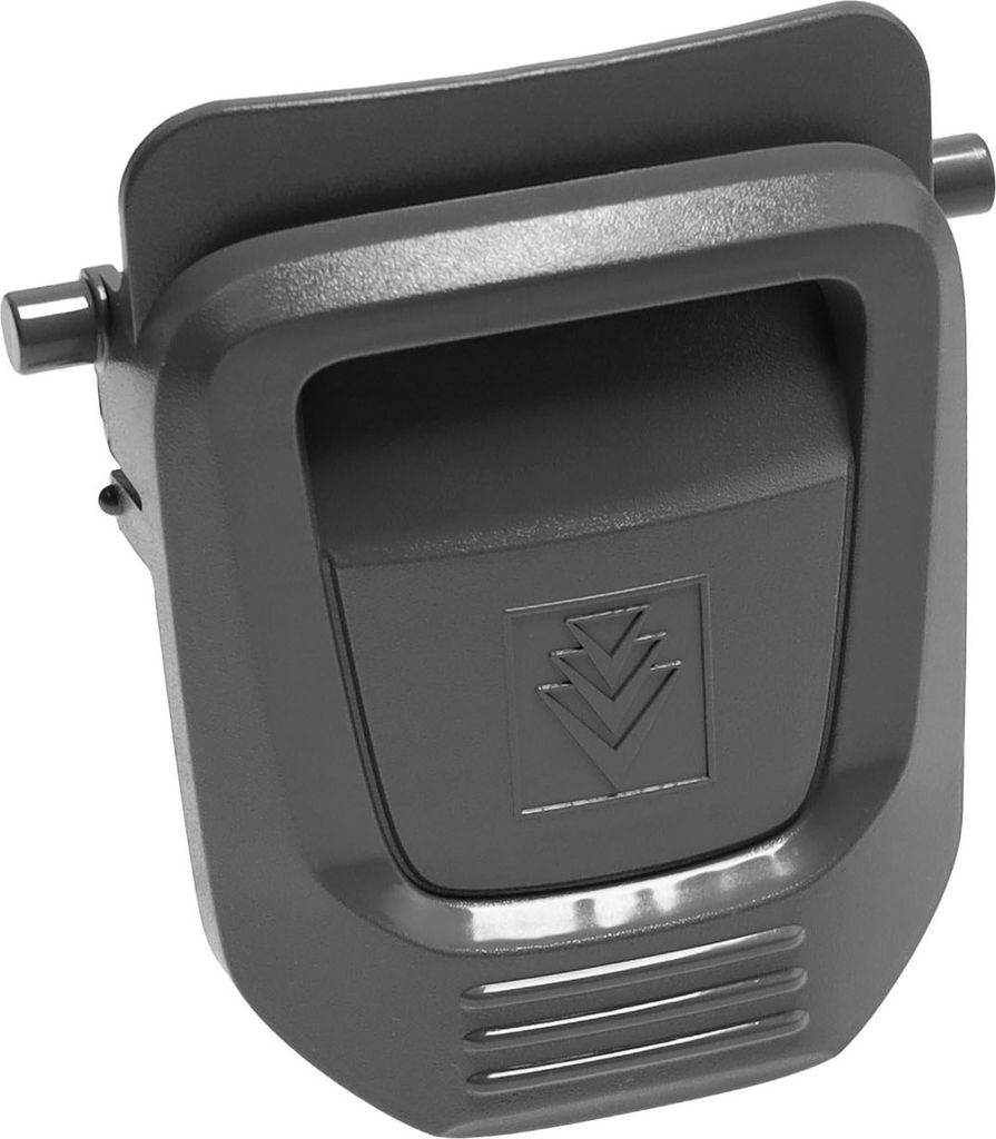 A close-up studio shot of a dark gray plastic latch or handle.