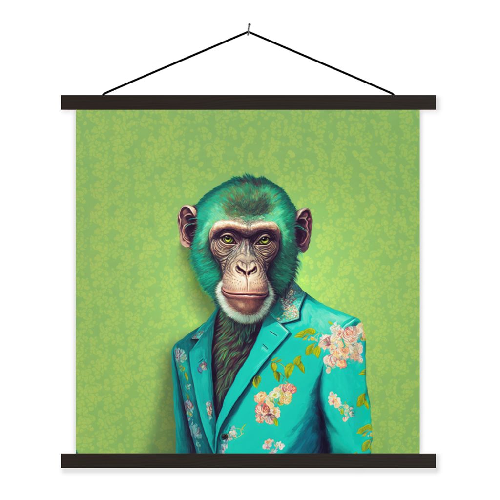 MuchoWow Textilposter Affe - Colbert - Blumen - Neon - Porträt 90x90 cm mit schwarzem Rahmen - Magnetisches