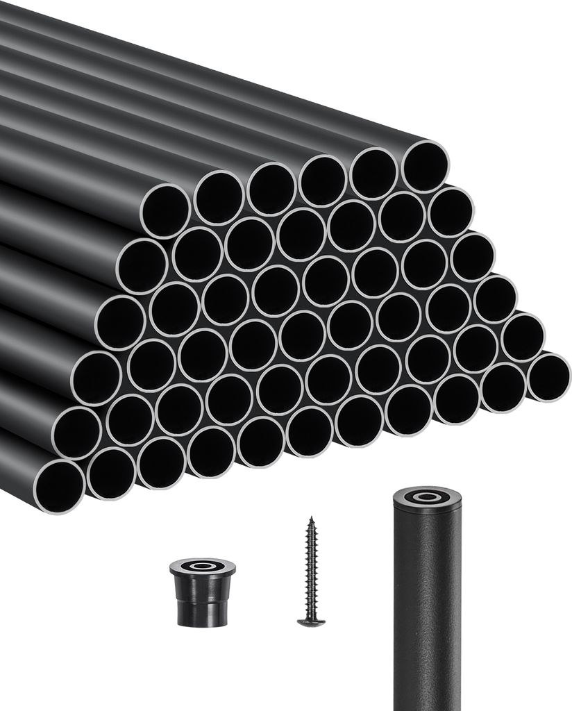 A stack of black metal pipes with a few accessories shown below.
