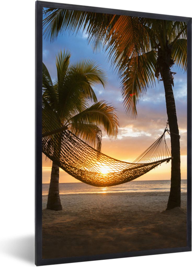 MuchoWow Gerahmtes Poster Sonnenuntergang - Hängematte - Palme 40x60 cm - Poster mit Schwarzem Bilderrahmen Wandposter Rahmen Foto Bilder - Papi...