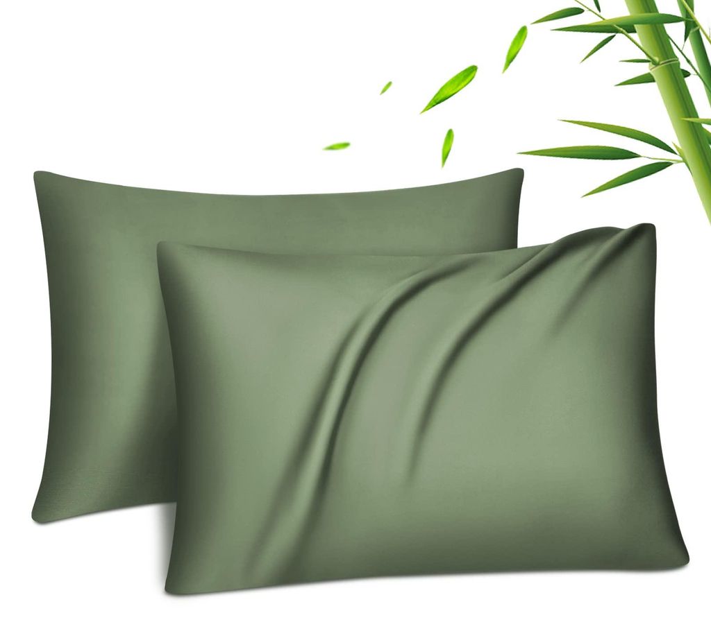 Set mit 2 Lyocell-Bambus-Kissenbezügen, seidig weich, kühlend, atmungsaktiv mit verdecktem Reißverschluss, bambusgrün, 40 x 60 cm