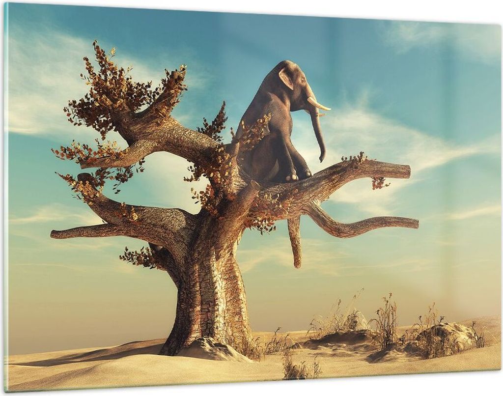 Bilder auf glas - Einteilig - Sitzen Elefant Baum - 120x80cm - Glasbilder - Wandbilder - Bilder - zum Aufhängen bereit - Wanddekoration aus Glas -...