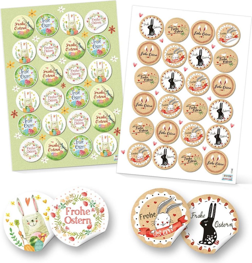 Set 48 Frohe Ostern Aufkleber Osterhase Osterdeko bunt Osteretiketten rund Verpackung Kindergeschenke Geschenke Give-Away grün gelb pink beige rot