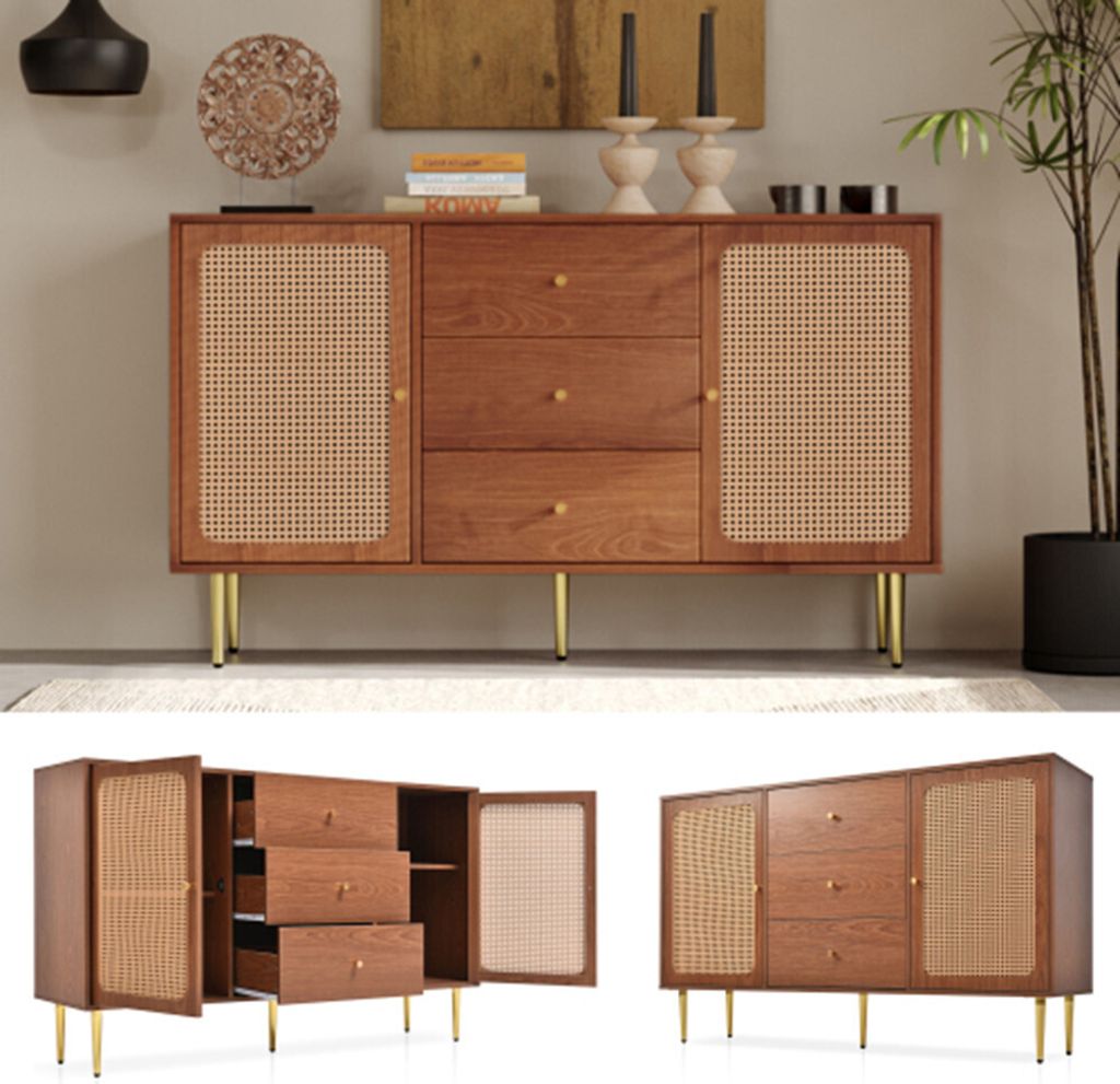 Kommode mit 2 Türen und 3 Schubladen, Rattan Türkommoden mit Schubkasten, Verstellbare Ablage, für Wohnzimmer Schlafzimmer