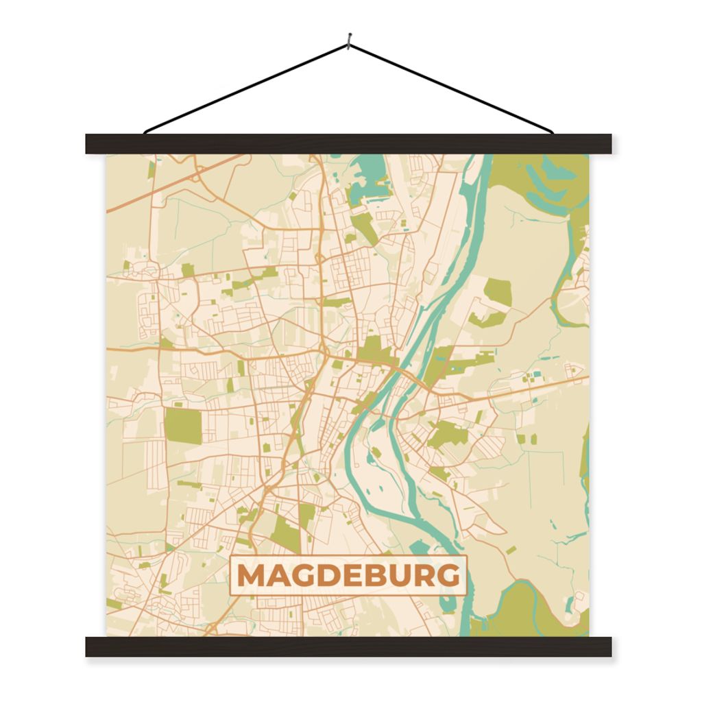 MuchoWow Textilposter Macdeburg - Stadtplan - Vintage - Karte 120x120 cm mit schwarzem Rahmen - Aufhängungsset
