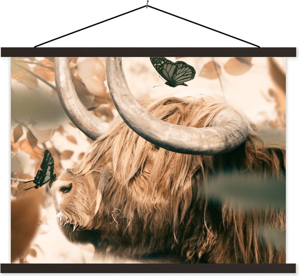 MuchoWow Textilposter Schottisches Hochlandrind - Schmetterlinge - Tiere 40x30 cm mit schwarzem Rahmen - Dekorationen