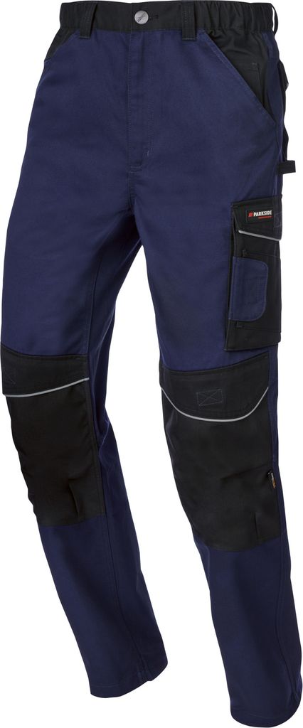 A pair of navy blue work pants with black accents and reinforced knees.
