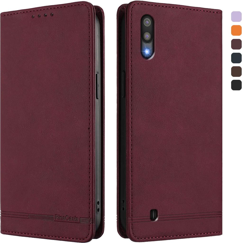 Hülle für Samsung Galaxy A10, Retro Kunstleder Ständer Klapphülle mit Kartenfächer und Magnetische Rot