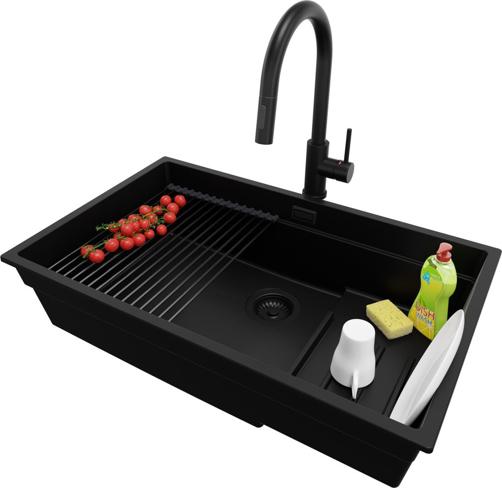 PRIMAGRAN Unterbauspüle Granit Alles Schwarz 76x47cm, Spülbecken 1 Becken + Ablauf-Set + Küchenzubehörset, Granitspüle ab 80er Unterschrank - ...