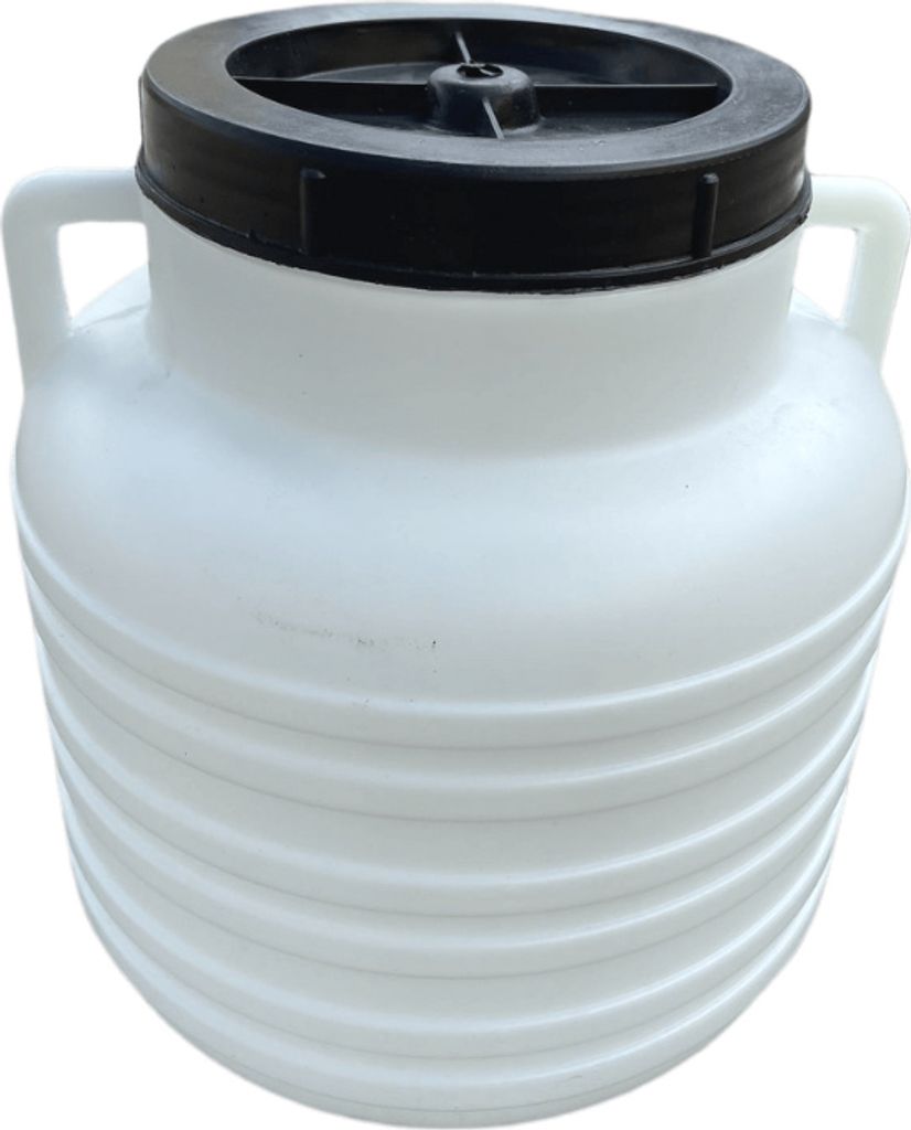 A white plastic barrel with a black lid and handles, shown against a white background.