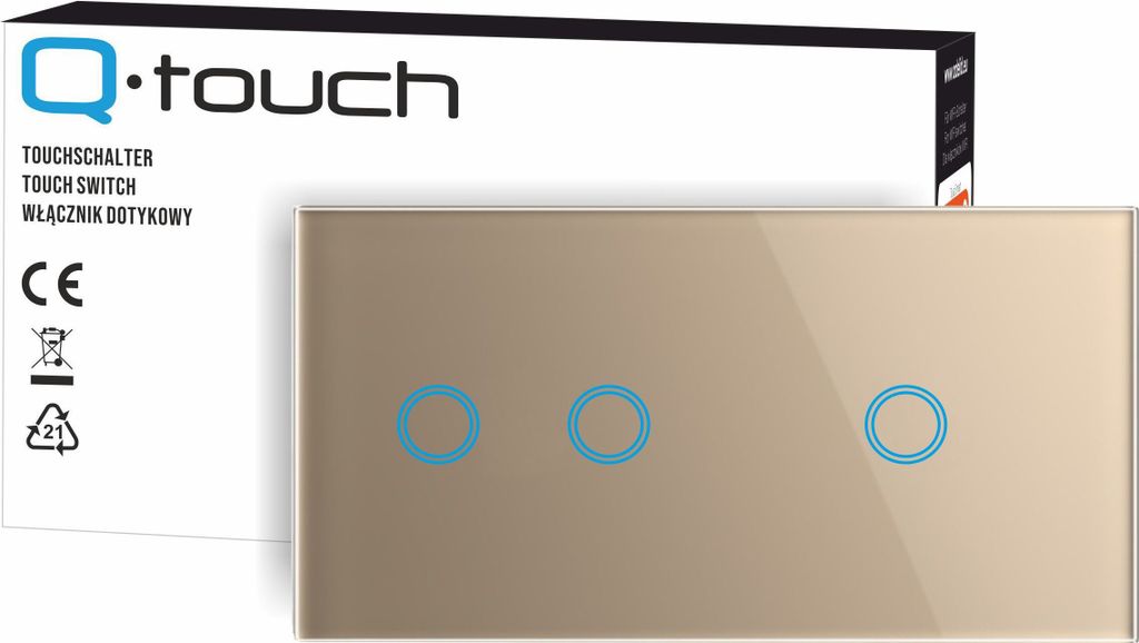 Touchschalter Panel 2+1 Glas gold Qtouch Wandschalter ohne Modul