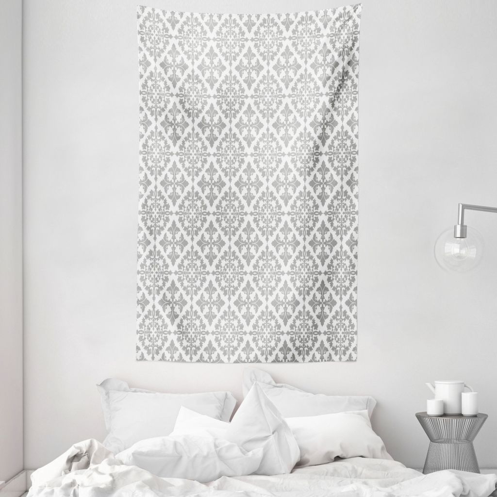 ABAKUHAUS Grau Wandteppich und Tagesdecke, Viktorianischer Damast Floral aus Weiches Mikrofaser Stoff Waschbar ohne Verblassen Digitaldruck, 140 x ...