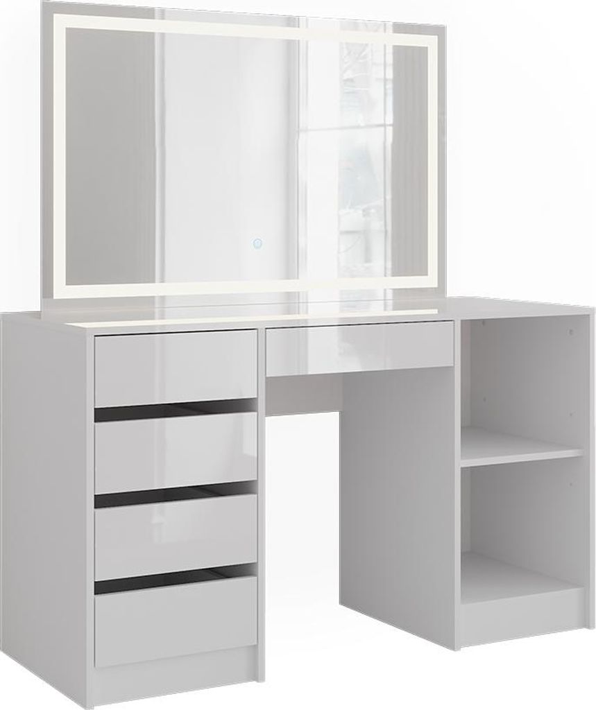 Vicco Schminktisch Sherry, 128.2 cm mit LED-Spiegel, Weiß/Weiß Hochglanz