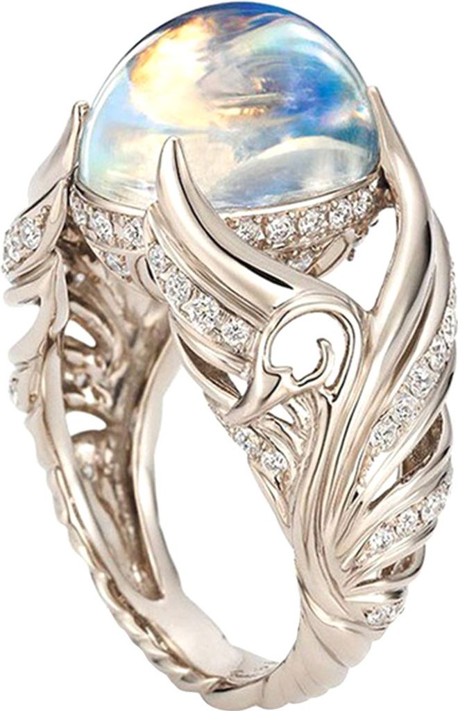 Fingerring mit Flügel-Intarsien für Damen, künstlicher Mondstein, Strass, Hochzeit, Schmuck, Geschenk-Weißes Gold,US 8