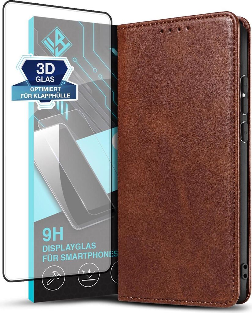 Handyhülle für Xiaomi Redmi Note 13 Pro+ 5G mit 9H Displayglas Kunstleder Flip Cover Hülle Handytasche Case Kartenfach Farbe: Dunkelbraun