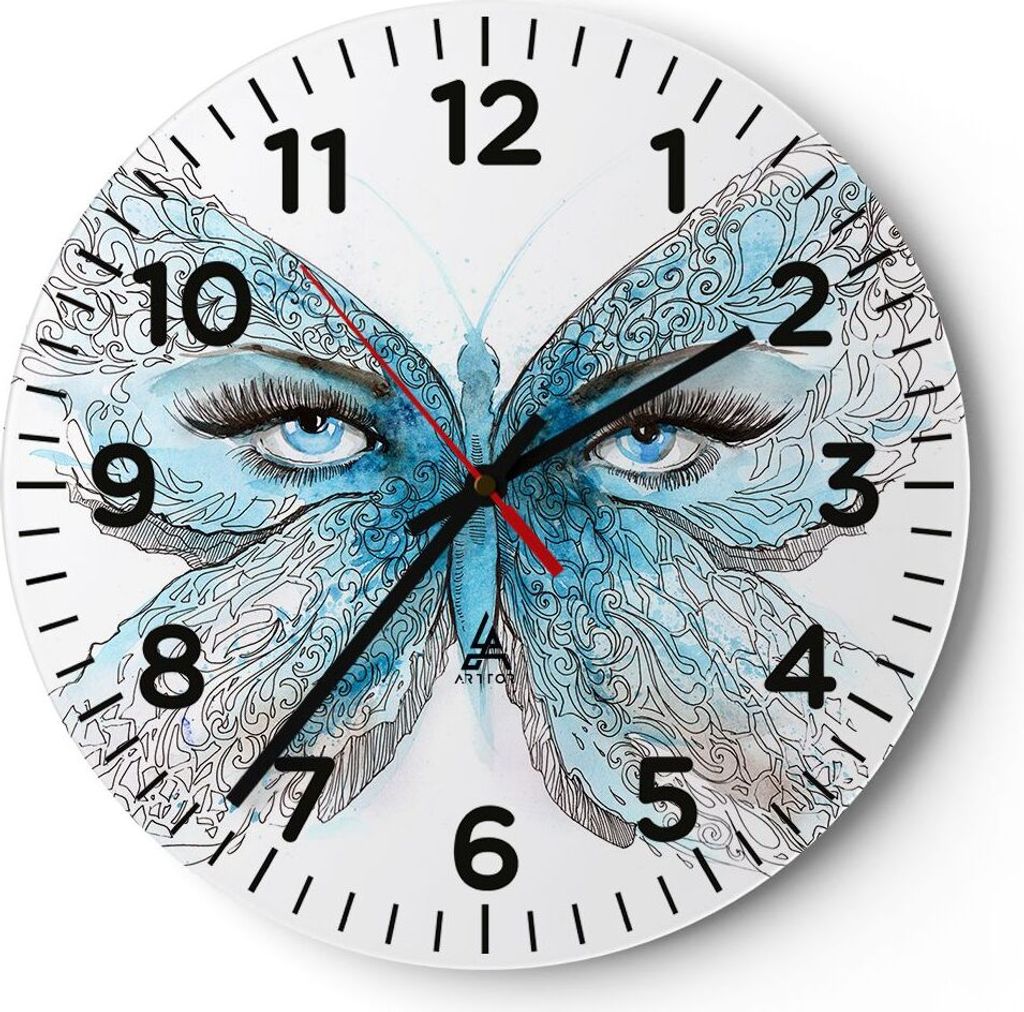 Wanduhr - Rund - Glasuhr - Illustration Gesicht Schmetterling Wimper - 40x40cm - Schleichendes Uhrwerk - Lautlos - zum Aufhängen bereit - Dekorati...