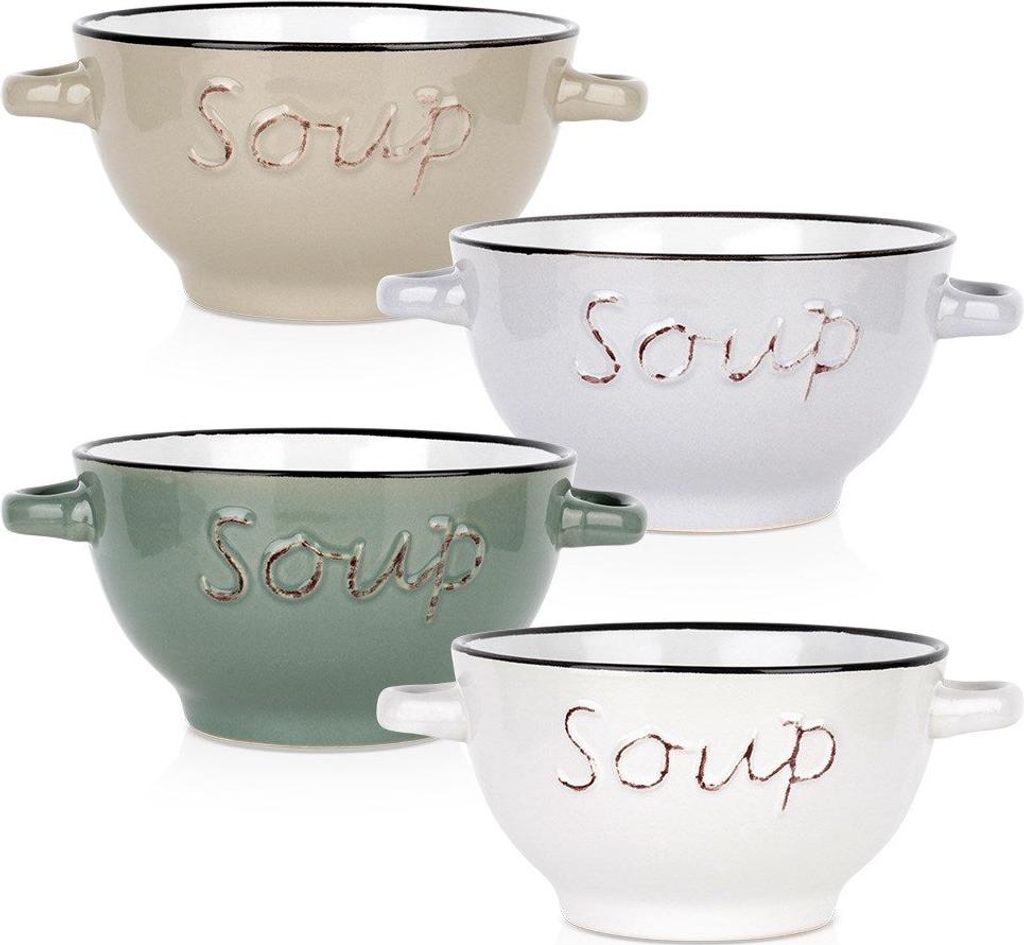 Four ceramic soup bowls in different colors are arranged in a grid formation against a white background.
