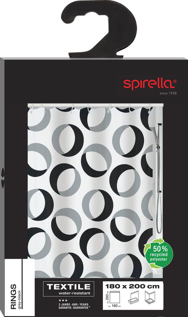 Spirella Anti-Schimmel Duschvorhang - Anti-Bakteriell, waschbar, wasserdicht, Polyester, „Rings“ 180x200cm Weiß