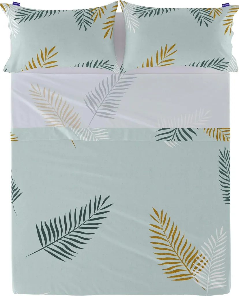 Drap de dessus HappyFriday Blanc Foliage Mint en coton 240 x 270 cm