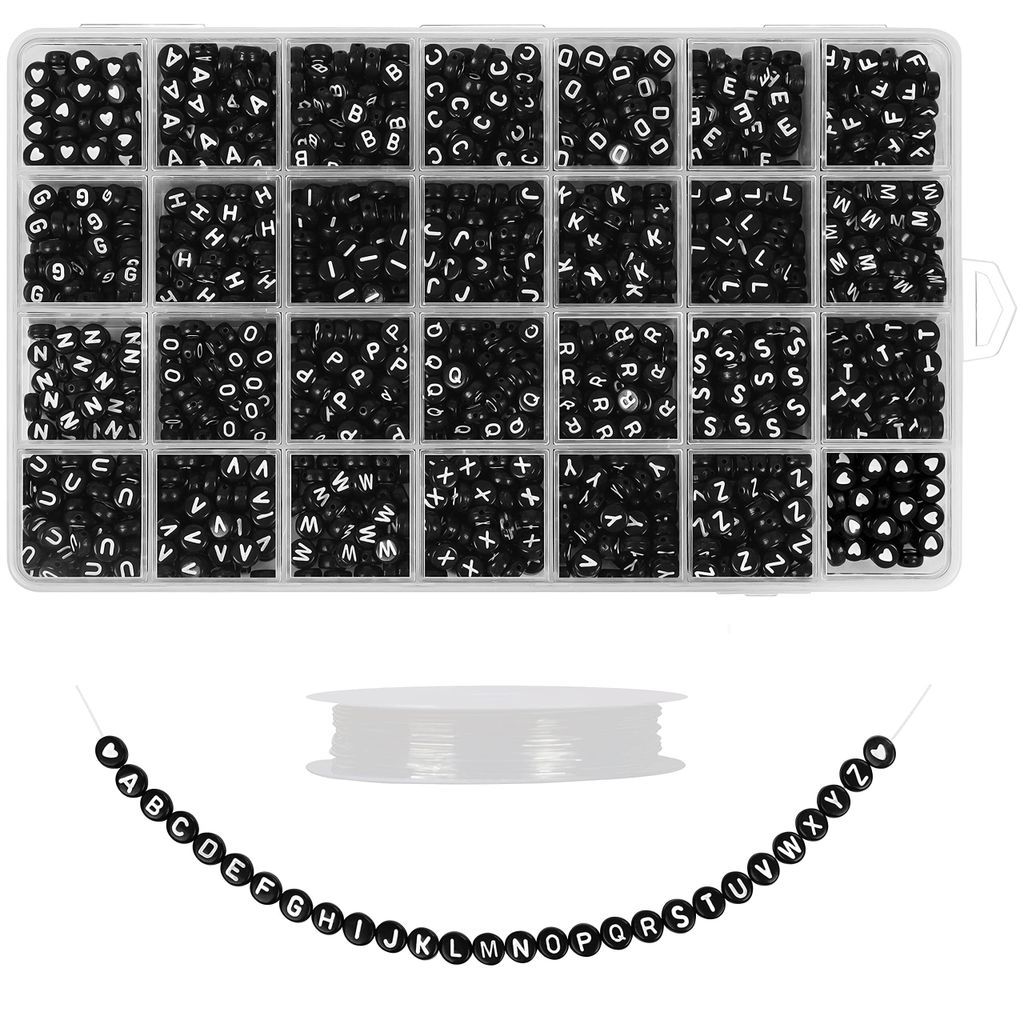 Buchstaben Perlen Alphabet (A-Z) 1620 Stk Runde Buchstabenperlen mit Box und Faden - 6mm Acryl Perlen zum Auffädeln für Armband, Schmuck, DIY Perlen Basteln (Schwarz Perlen mit Weißen Buchstaben)